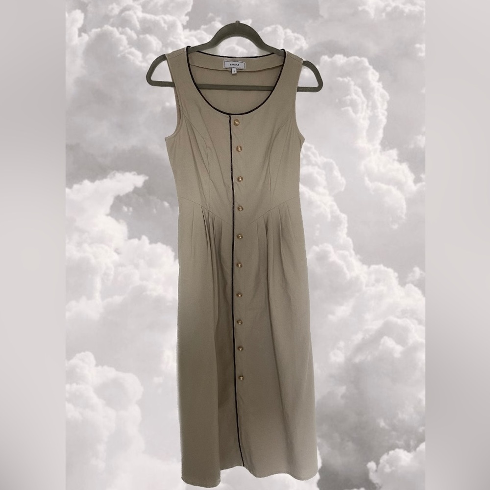 Rihoas Khaki Round Neck A-Line Midi Dress - Khaki / S